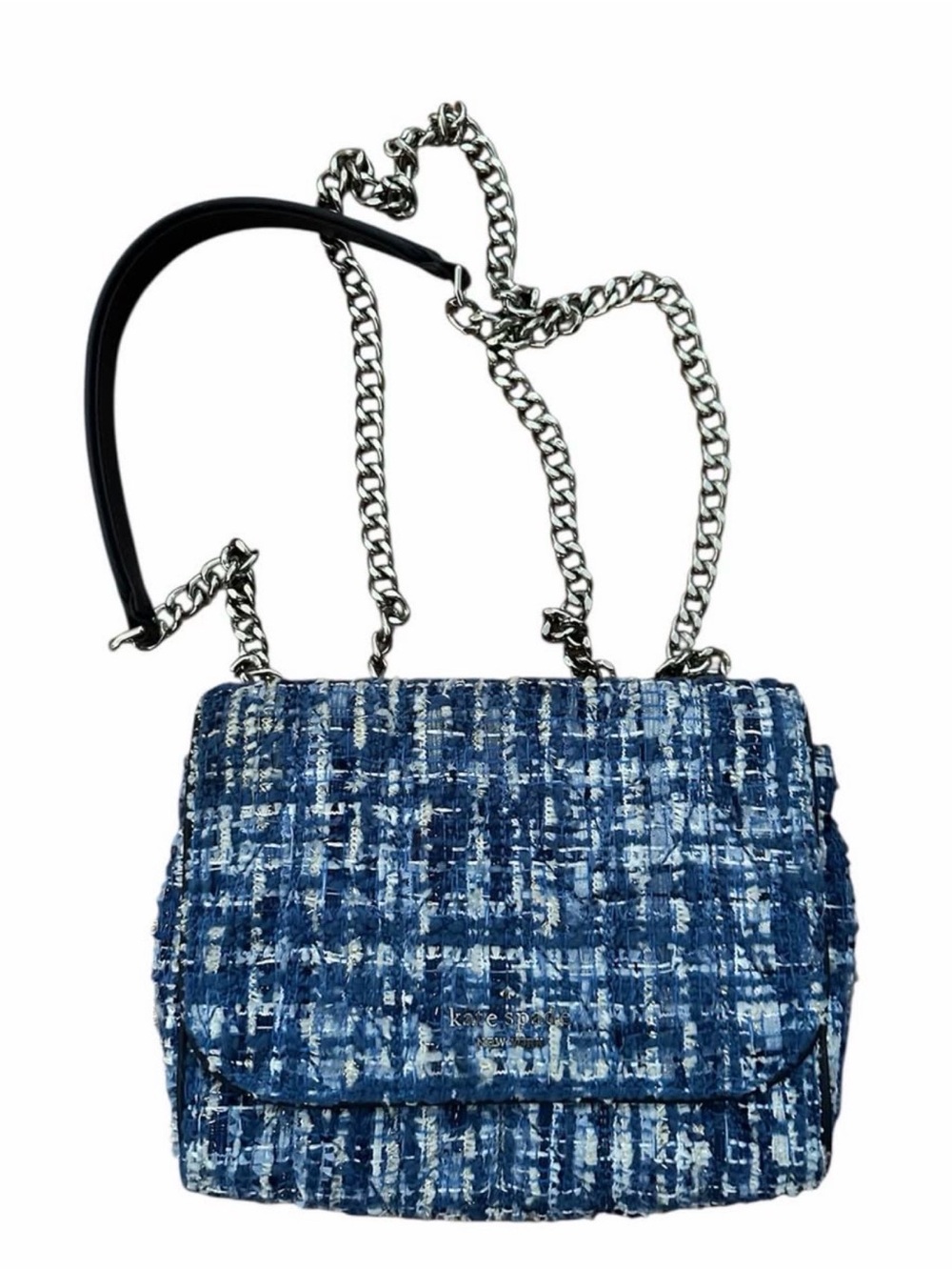 kate spade Blue Tweed Chain-Handle Shoulder Bag with Silver Hardware